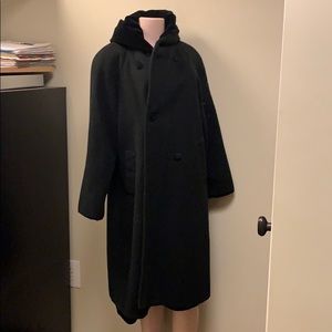 Black wool coat with velvet hood.